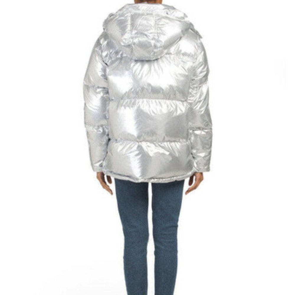 KENDALL + KYLIE Women Metallic Silver Hooded Puff Jacket N2011